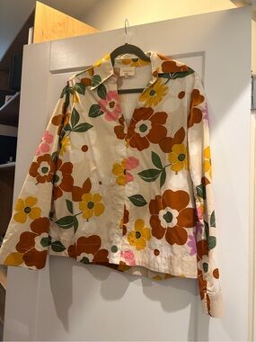 Sezane Floral Button-Up Shirt in Cream with Brown, Yellow & Pink Flowers